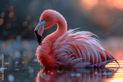 A serene scene capturing a single flamingo bathing in tranquil waters, highlighted by the warm glow of the setting sun photo