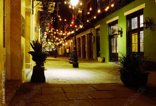 A quiet pedestrian only street at night in the New Orleans French Quarter