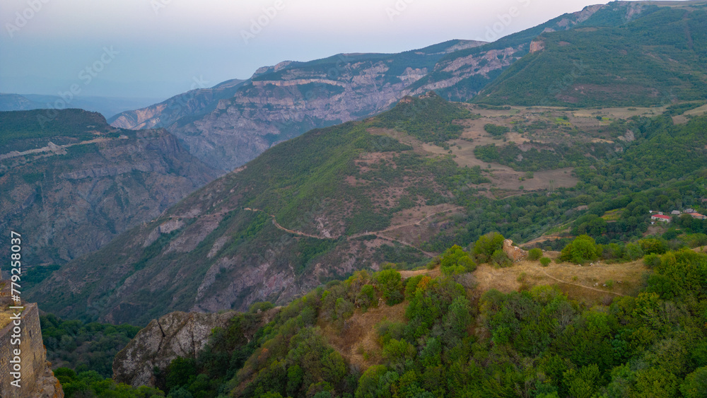 Sunset view of Vorotan river valley on the way to Tatev village in Armenia