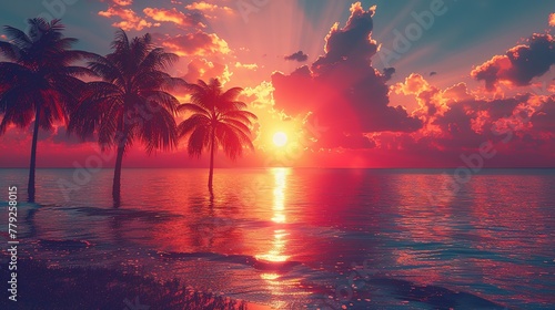 Palm Trees Silhouettes On Tropical Beach At Sunset - Modern Vintage Colors © Jennifer