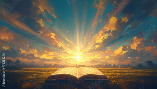 An open Bible with rays of light emanating from it, set against the backdrop of an idyllic landscape photo