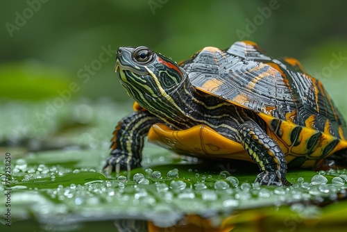 Exquisite image of a turtle covered in water droplets resting on a lush green leaf in natural habitat