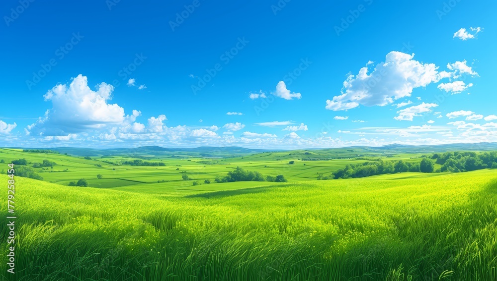 Beautiful green meadow with blue sky and white clouds
