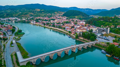 Sunrise view of Mehmed Pasa Sokolovic Bridge in Visegrad, Bosnia and Herzegovina