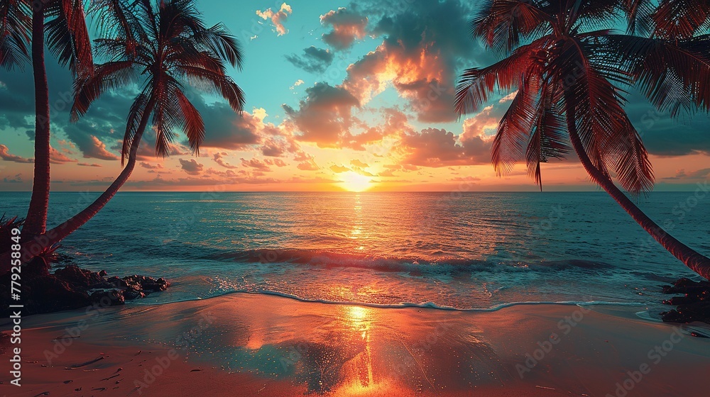 Fototapeta premium Palm Trees Silhouettes On Tropical Beach At Sunset - Modern Vintage Colors