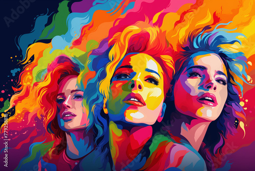 Trio of Women with Vivid Abstract Colors, Energetic Artistic Portrait with Copy Space © Tatiana Fl