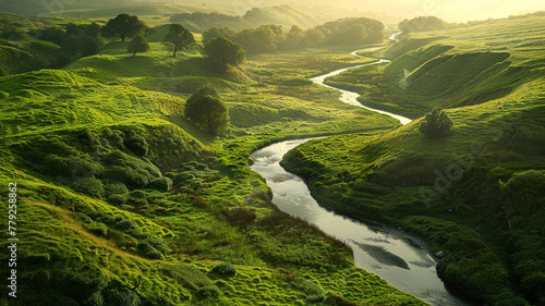 A picturesque countryside with rolling hills and a winding river.