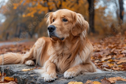 An attentive golden retriever lies on a carpet of fallen autumn leaves, with a warm and inquisitive expression