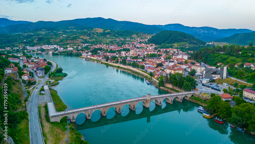 Naklejka premium Sunrise view of Mehmed Pasa Sokolovic Bridge in Visegrad, Bosnia and Herzegovina