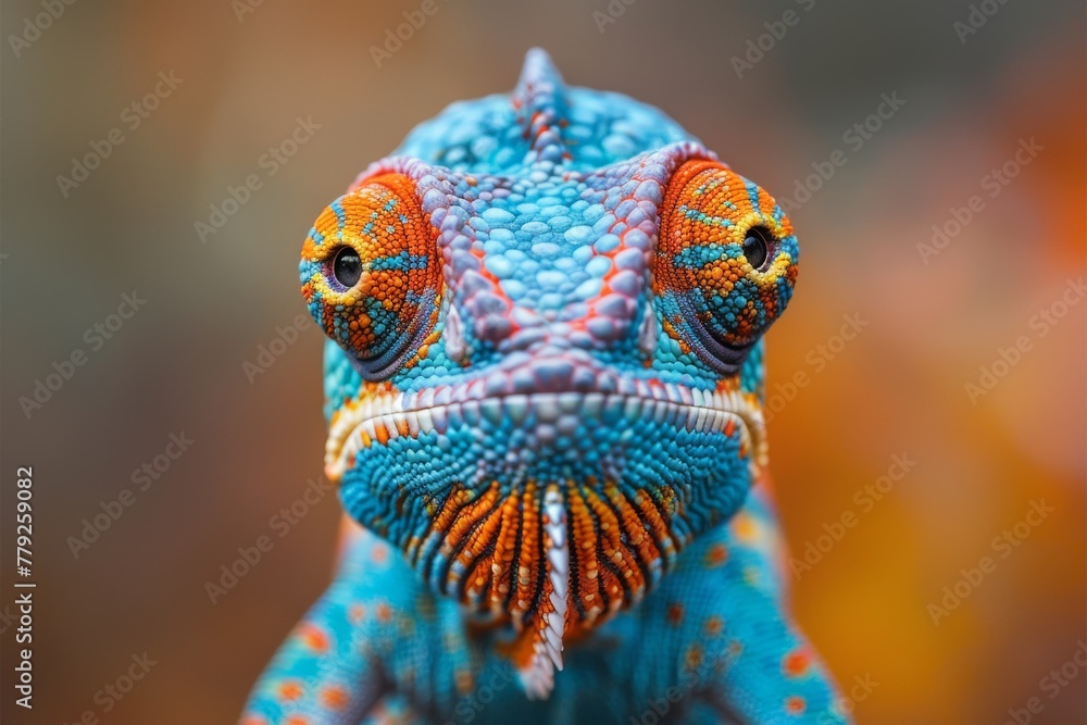 A chameleon's symmetrical frontal pose offers a mesmerizing face-to-face encounter with its unique features A chameleon's symmetrical frontal pose offers a mesmerizing face-to-face encounter with its unique features