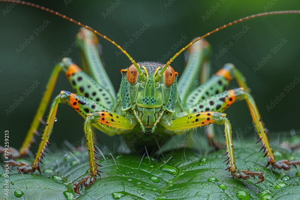 The detailed frontal view of a grasshopper, showing off its symmetrical patterns and dew drops covering its body The detailed frontal view of a grasshopper, showing off its symmetrical patterns and dew drops covering its body