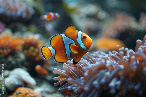 Shot in its natural environment, the iconic orange clownfish swims near vivid sea anemone tendrils