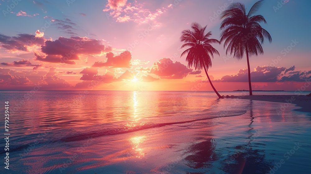 Palm Trees Silhouettes On Tropical Beach At Sunset - Modern Vintage Colors