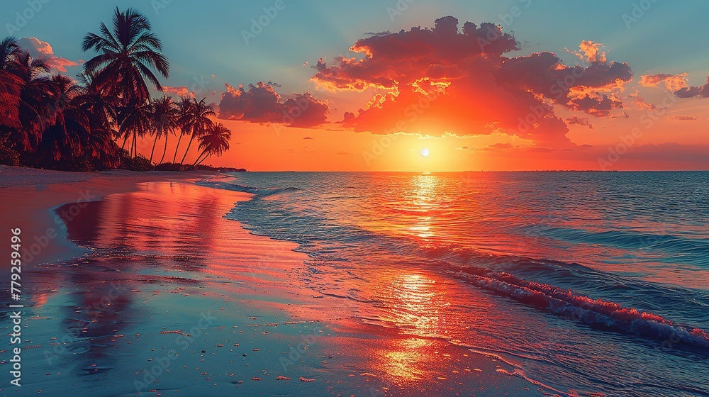 Palm Trees Silhouettes On Tropical Beach At Sunset - Modern Vintage Colors Palm Trees Silhouettes On Tropical Beach At Sunset - Modern Vintage Colors