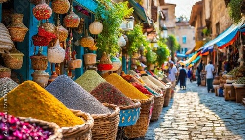 A bustling street scene depicting a vibrant spice market in an exotic locale.  photo