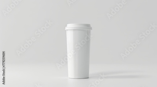 A long white plastic cup on a gray room background. Large size plastic cup.