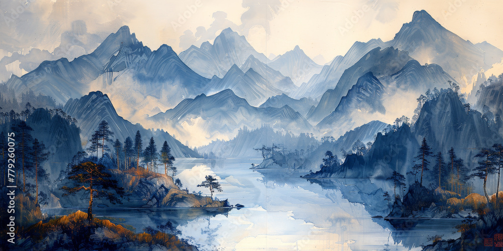 A Chinese ink wash landscape painting depicting mountains and rivers, with a white background. 