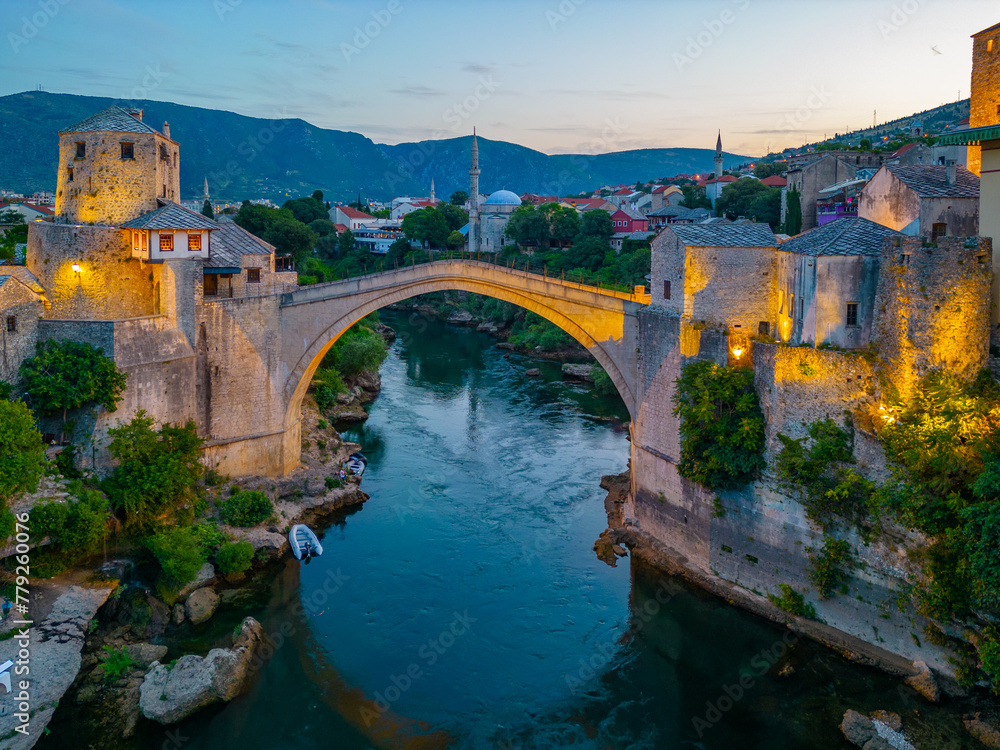 Sunset view of the old Mostar bridge in Bosnia and Herzegovina