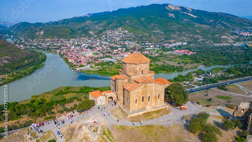 Panorama view of Jvari Monastery during a sunny day in georgia photo