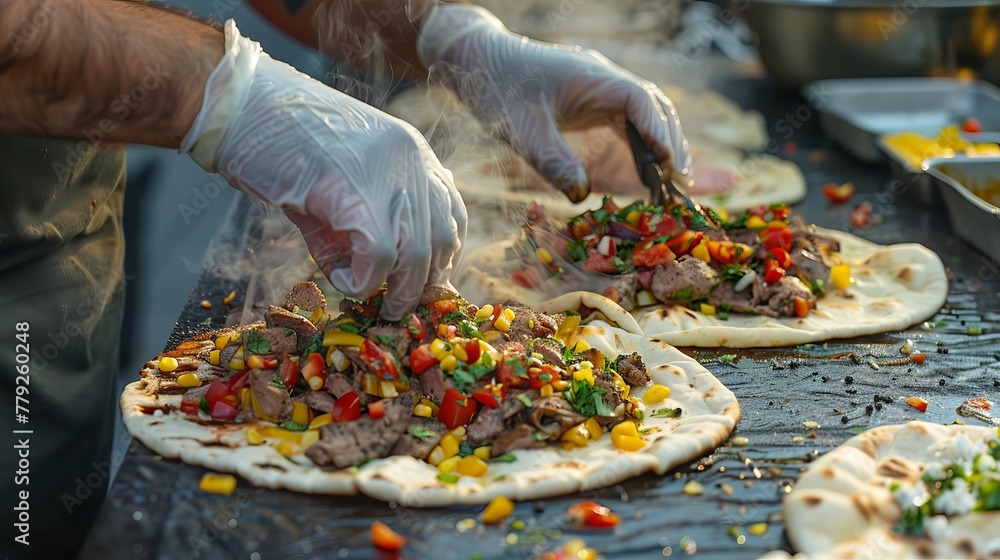 Hands wearing disposable gloves are seen cooking vegetarian shawarma wrapped in corn pita bread, a popular street food option.