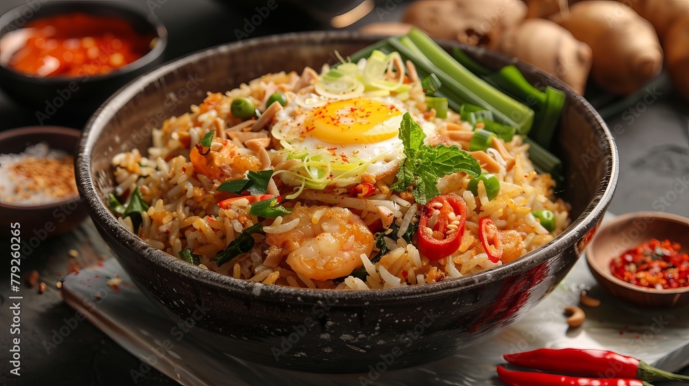 
Nasi Goreng, Indonesian Fried Rice, is a flavorful dish made with cooked rice stir-fried with various ingredients such as shallots, garlic, chili, kecap manis (sweet soy sauce), shrimp paste, tamarin