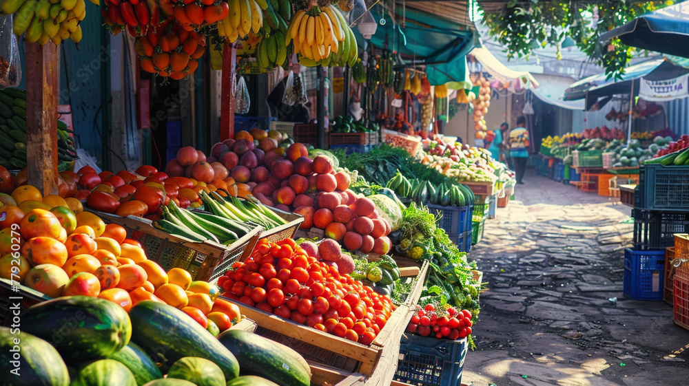 A colorful farmers market with stalls brimming with fresh produce.