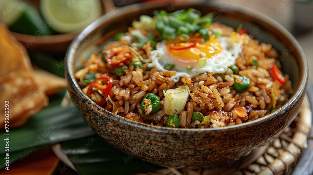 Nasi Goreng, Indonesian Fried Rice, is a flavorful dish made with cooked rice stir-fried with various ingredients such as shallots, garlic, chili, kecap manis (sweet soy sauce), shrimp paste, tamarin Nasi Goreng, Indonesian Fried Rice, is a flavorful dish made with cooked rice stir-fried with various ingredients such as shallots, garlic, chili, kecap manis (sweet soy sauce), shrimp paste, tamarin