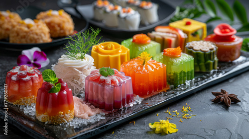 A vibrant display of traditional Thai jelly desserts on a modern slate tray. photo