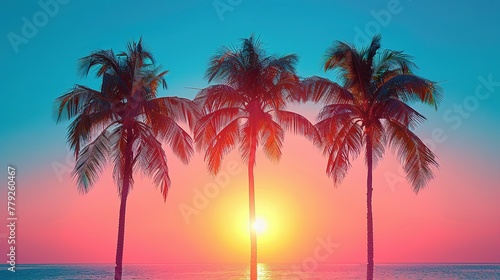 Palm Trees Silhouettes On Tropical Beach At Sunset - Modern Vintage Colors © Jennifer