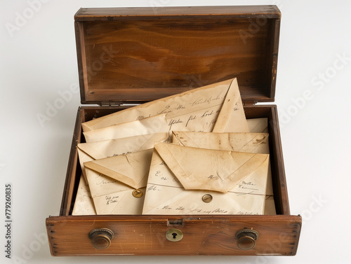 Tiroir d'un vieux meuble rempli de vieilles lettres manuscrites, antiquités et documents historiques, sur fond blanc photo