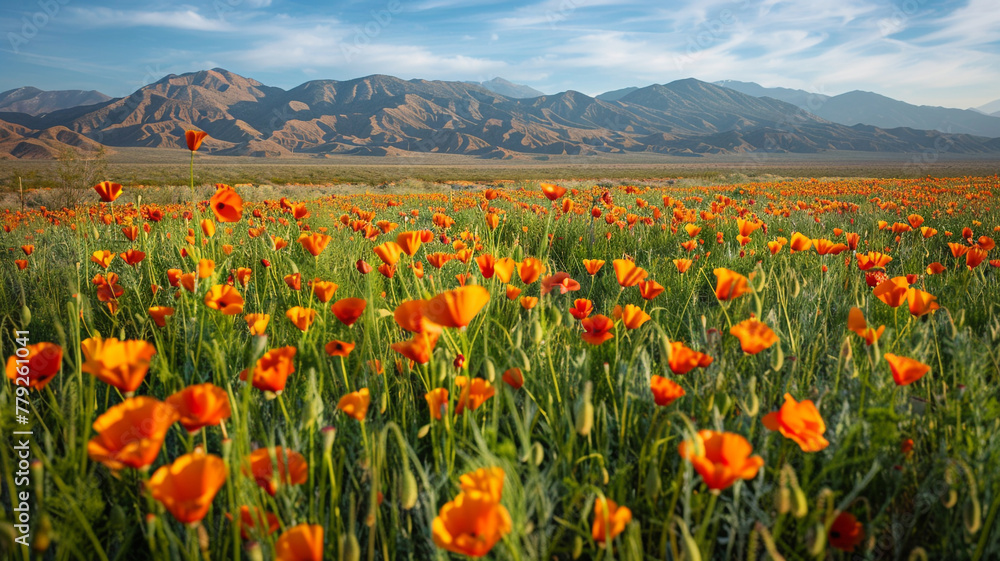 A vibrant field of poppies swaying in the breeze against a backdrop of mountains.