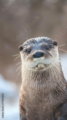 curious otter near the ocean, looking straight at the camera 