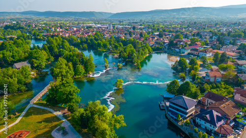 Panorama of rapids on river una in Bosnian town Bihac
