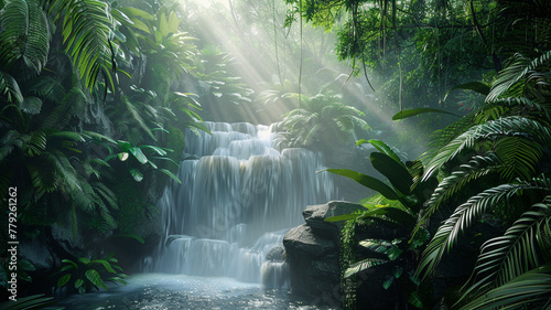 A lush tropical rainforest with a cascading waterfall and misty atmosphere.