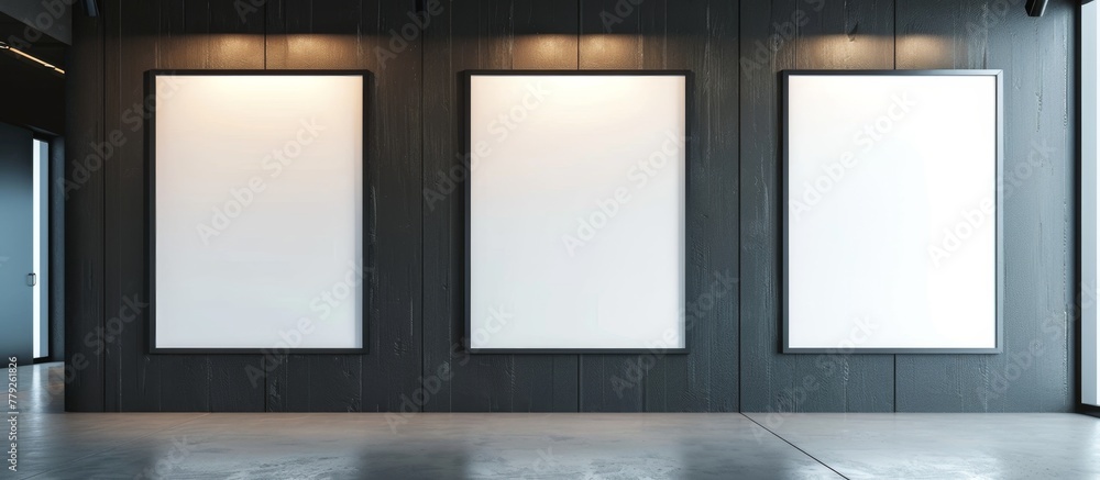 Three pristine white frames hanging elegantly on a sleek black wall within a minimalist room Three pristine white frames hanging elegantly on a sleek black wall within a minimalist room