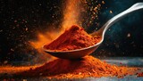 A dynamic photograph capturing the moment of impact as a spoonful of chili powder is thrown