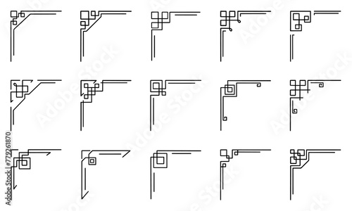 Decorative corner frames doodle set.  Vintage decorative angle border. Wedding design elements, flower decoration. Hand drawn vector illustration isolated on white background