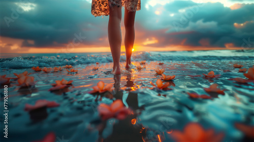 A beautiful woman legs is walking on the water of beach sea water with orange flowers against the backdrop of a tropical sunset over the ocean, low point view iclose-up
