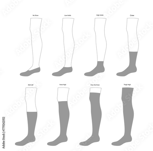Set of Socks hosiery - No Show, low, high ankle, crew, mid calf, knee high, thigh length. Fashion accessory clothing technical illustration stocking. Vector side view for Men, women style, flat CAD