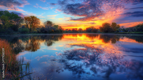 A peaceful lake mirroring the vibrant hues of a cloud-streaked sunset sky.