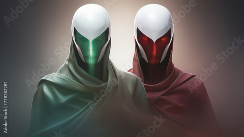 Two futuristic identical red and green entities or aliens wearing helmets and masks. Hidden personalities. Concepts of facelessness, duality, cloning, privacy, and anonymity.