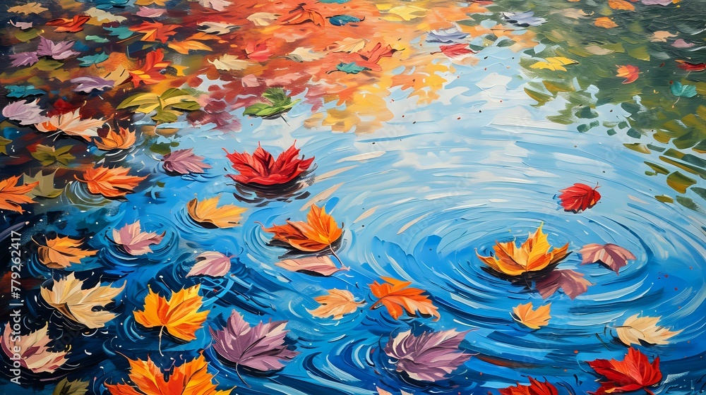 Ripple Mosaic: Vibrant Leaves on Water./n