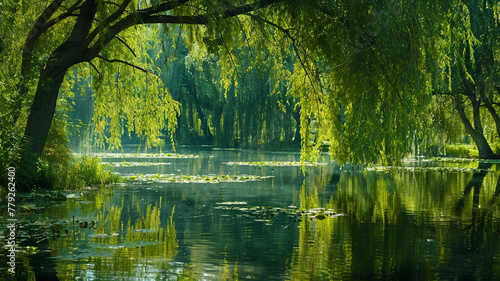 A tranquil pond surrounded by weeping willow trees, their branches dipping into the water.