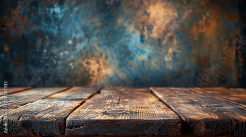A wooden table with a blue background
