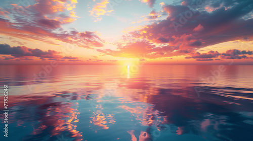 A beautiful sunset over the ocean with a reflection of the sun on the water © ART IS AN EXPLOSION.
