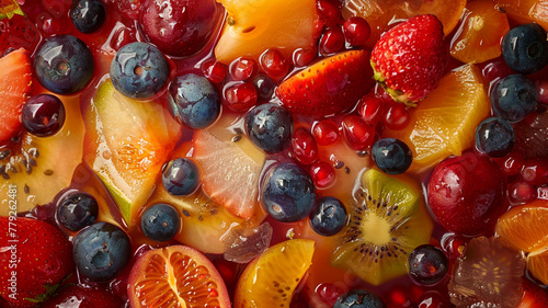 A close-up of a refreshing fruit salad with a variety of summer fruits. photo