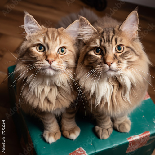 Twin Companions: Two Majestic Maine Coon Cats Enjoying Indoor Serenity