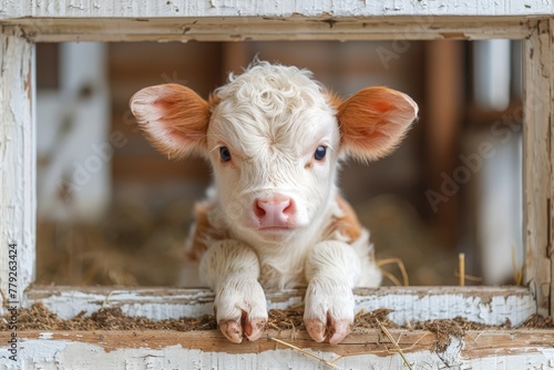 An inquisitive white calf peeks through an old wooden barn window, embodying a sense of discovery and playfulness