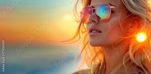 sunset glow on stylish woman with reflective sunglasses , free copy space 