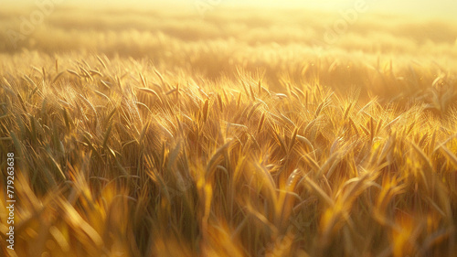 A sunlit field of wheat swaying in the gentle summer breeze. photo